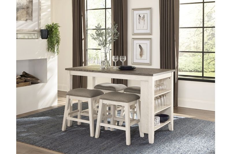 Timbre Collection 5 Piece Table and Stool Set Whitewash w/Bookshelf 36&quot;H x 60&quot;W x 30&quot;D