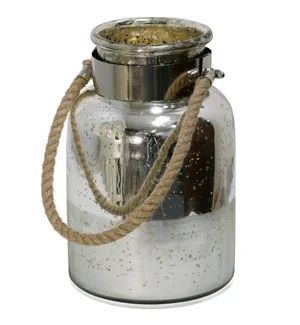 Silver Antique 8&quot;Wx12&quot;Hx8&quot;D Half Etched Glass Lantern Jar with Chrome Metal Band