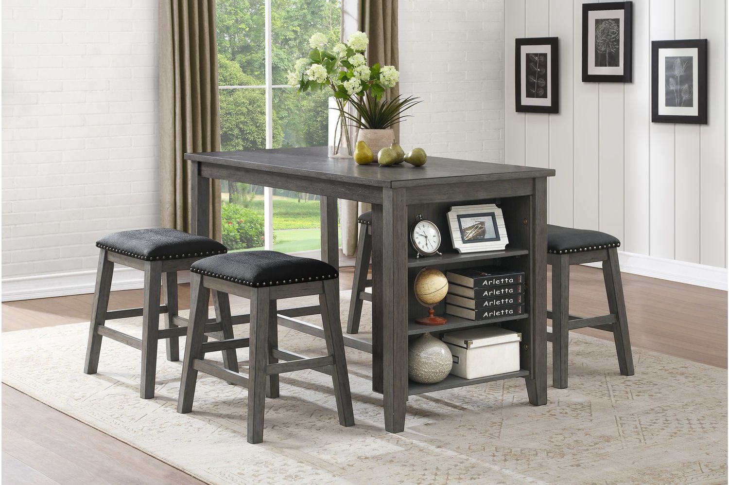 Timbre Collection 5 Piece Table and Stool Set Gray w/Bookshelf 36&quot;H x 60&quot;W x 30&quot;D