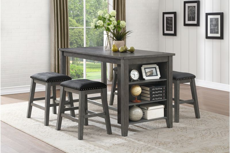 Timbre Collection 5 Piece Table and Stool Set Gray w/Bookshelf 36&quot;H x 60&quot;W x 30&quot;D