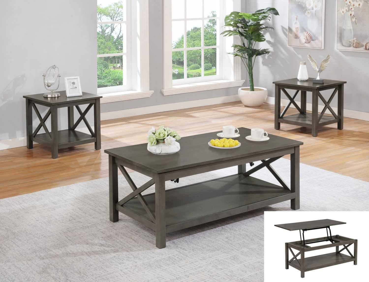 3 Piece Lift Top Cocktail Table Set in Gray