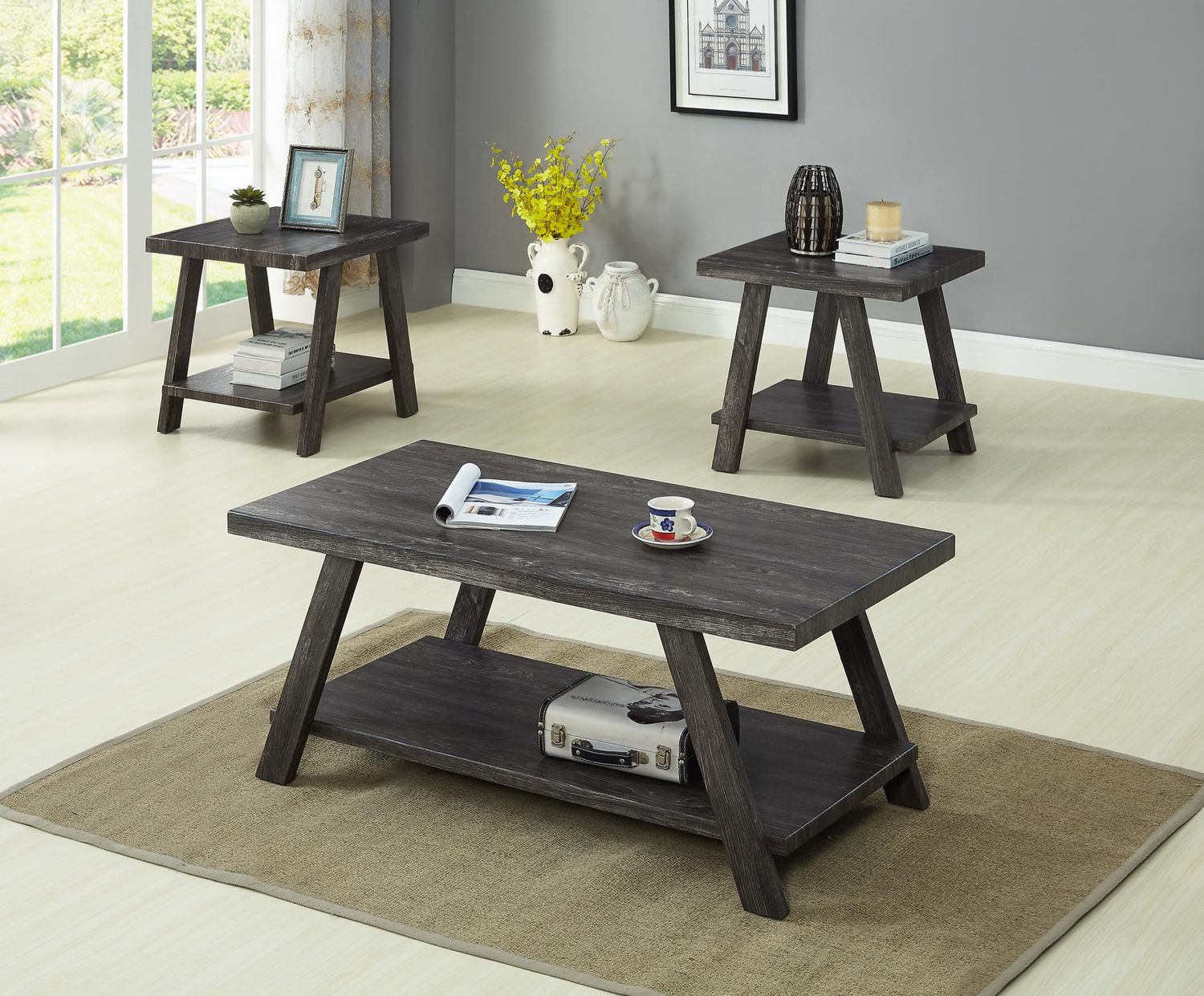 3 Pc Coffee and End Table Set in Gray  Coffee Table 48X24X19&quot;H End Table 24X22X23&quot;H