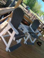 Outdoor Counter Height Tete-A-Tete Set w/ Slideout Cup Holder in White/Slate Gray