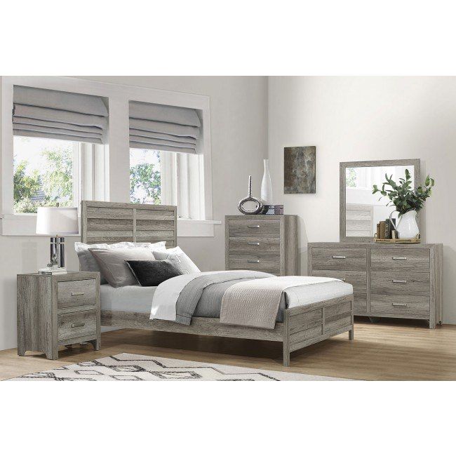 Mandan  Pc Queen Bed Set in Gray -Q Bed, Dresser, Mirror, and Nightstand