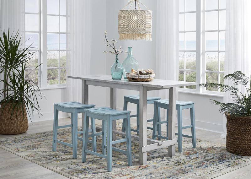 DISCONTINUED Holiday Drop Leaf Counter Table in Sea Salt w/ 4 Counter Stools in Cyan