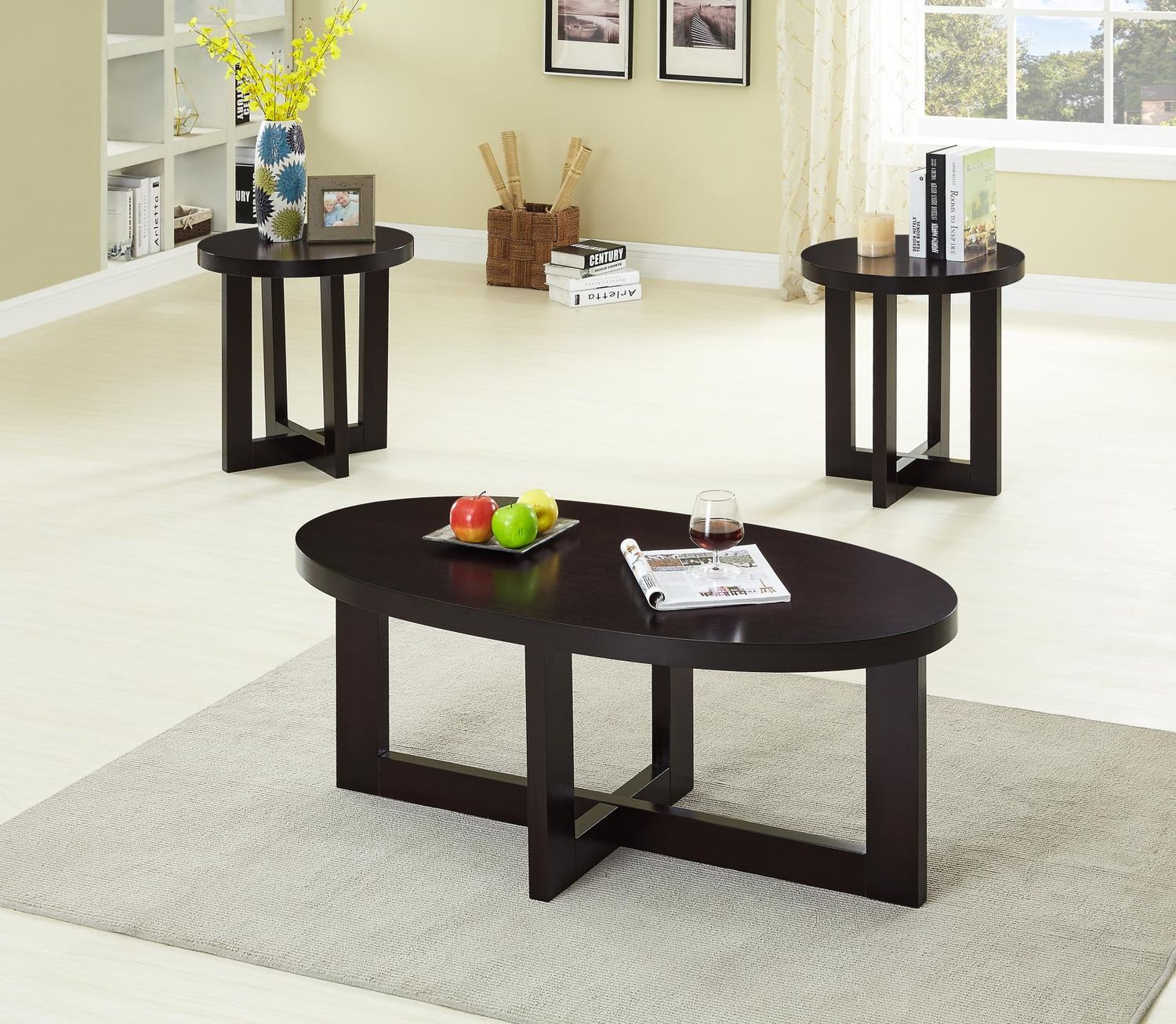 3 Pc Coffee and End Table Set in Cherry  Coffee Table 48X24X19&quot;H End Table  DIA22*23&quot;H