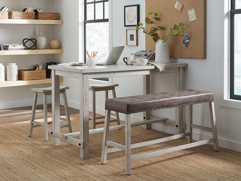 Harmony Cove Rectangular Counter Table , 2 Stools, and Upholstered Counter Height Bench in Antique White