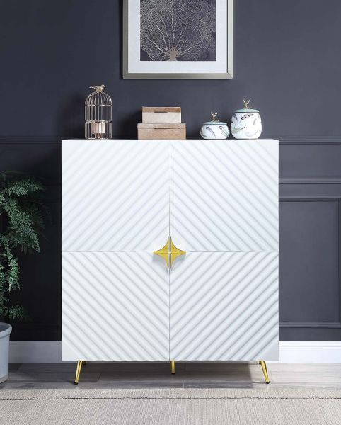 Gaines Cabinet with Gold Accents and Adjustable shelves in Glossy White 43&quot;L X 16&quot;W X 46&quot;H
