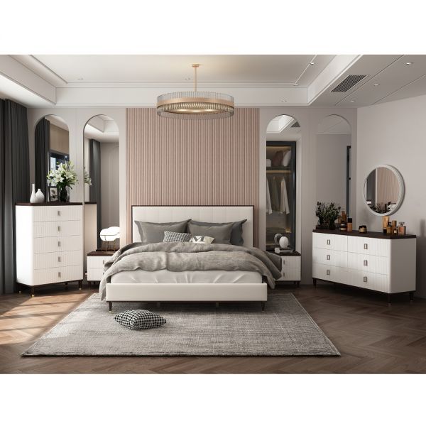 Carena Eastern King Bed in Light Gray Fabric Brown and White Finish 80.25&quot;L X 86.5&quot;W X 56&quot;H