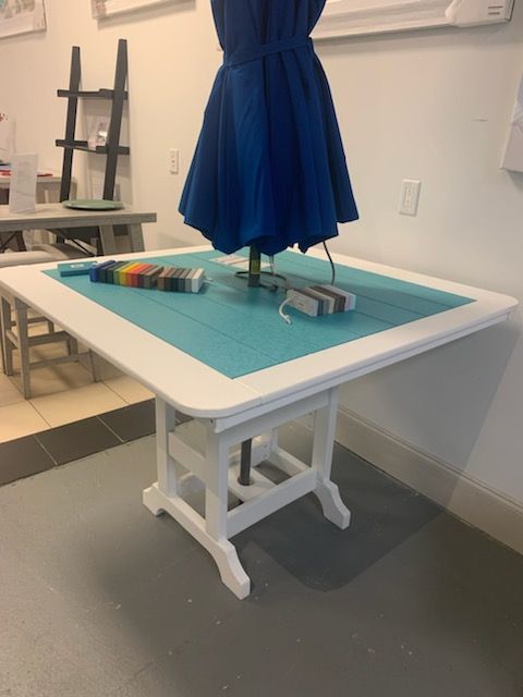 Outdoor Counter Height 50&quot; Square Dining Table w/Border &amp; Umbrella Hole  in Aruba Blue/ White