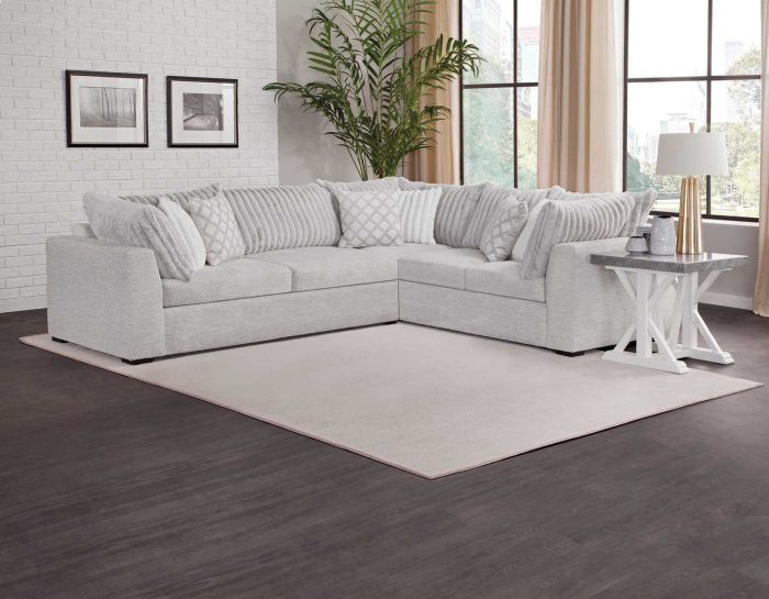 Miguel 2 Pc. Sectional in Soother Naturals w/Faux Mink Back Pillows and 8 Toss Pillows
