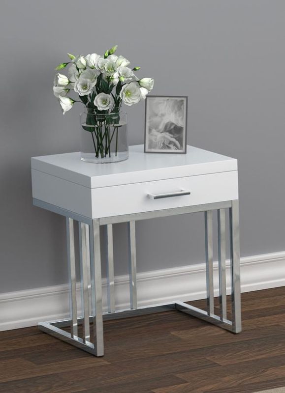 Dalya 1-Drawer Rectangular End Table Glossy White and Chrome
