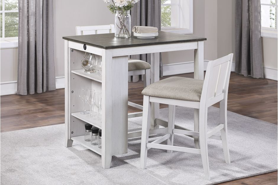 Daye 3-Piece Counter Height Set in Two Tone White and Gray w/ Built in Shelf and 2 USB Ports