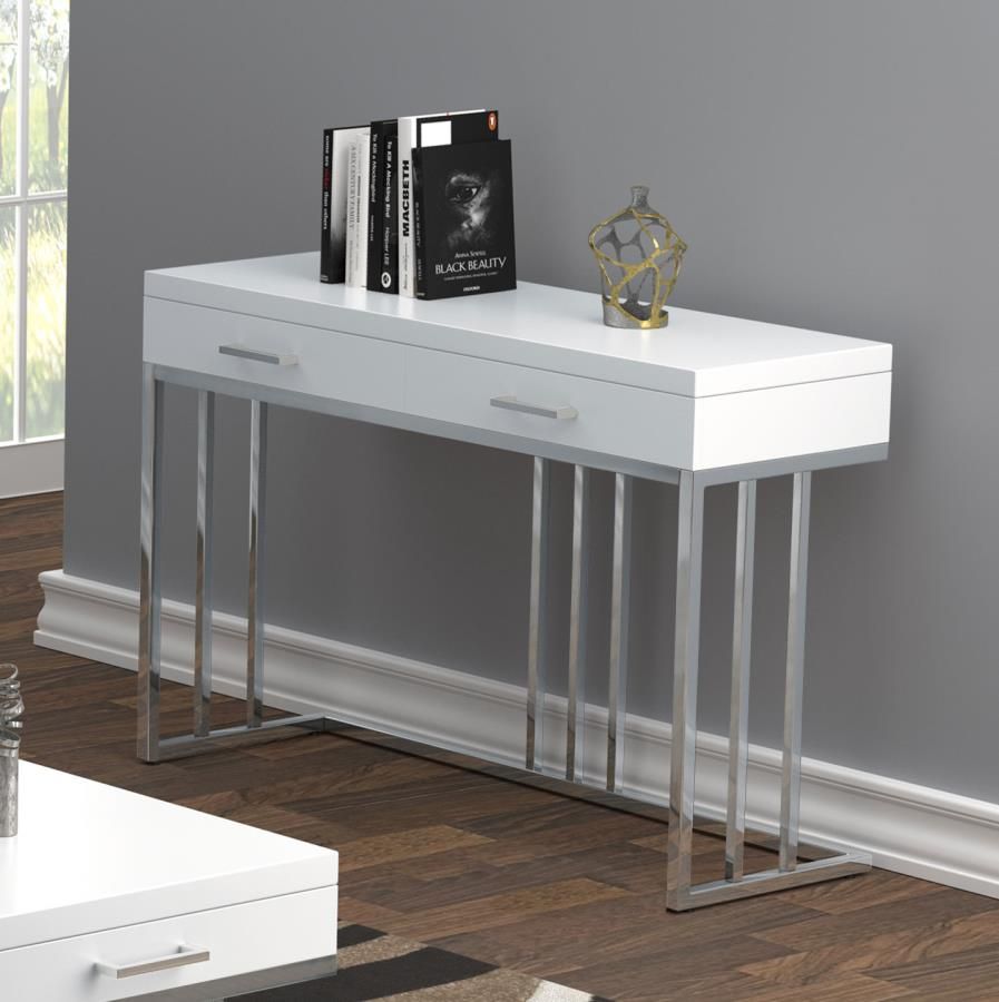 Dalya 2-Drawer Rectangular Sofa Table Glossy White and Chrome