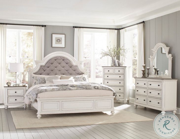 Baylesford Collection 4 Pc Queen Bedroom Set in Antique White w/Button Tufted Headboard and Brown/Gray Tops