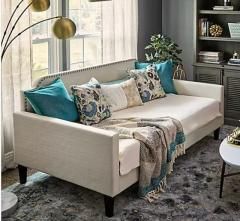 Twin Daybed Rounded/Square Corners Nail Head Trim in Cream and Woven Polyester