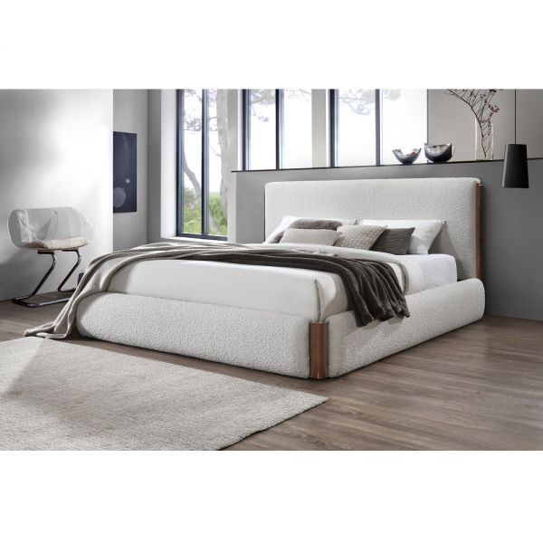 Sandro Queen Bed in  White Bouclé &amp; Walnut Finish 89&quot;L X 66&quot;W X 45&quot;H