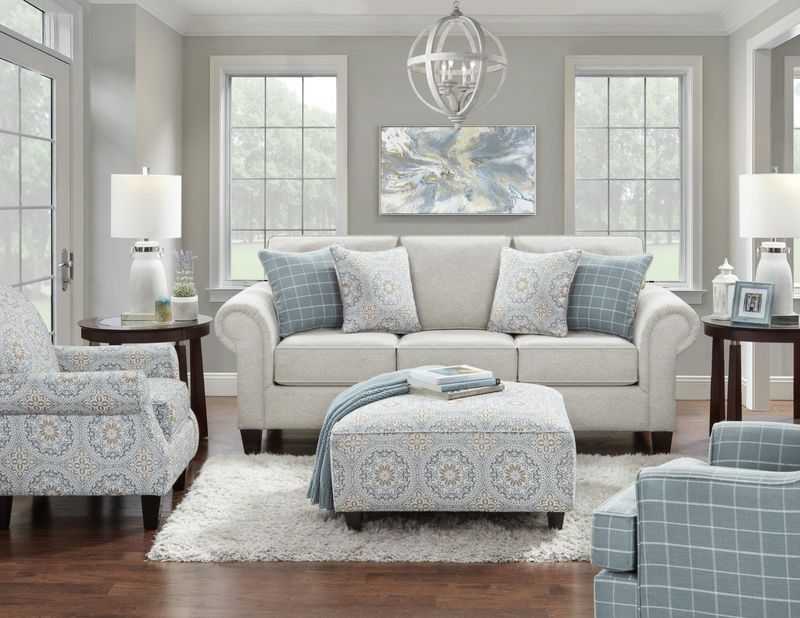 3104 Bates Nickel Queen Sleeper w/ Evanwood Smokey Blue and Sterlington Blue Pillows