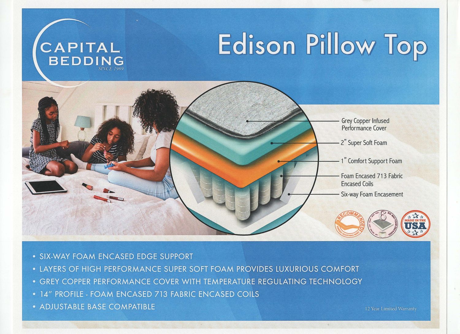 Queen Edison 14&quot; No Flip Plush Pillow Top Mattress by Capital Bedding