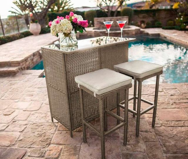 Cabana Complete Outdoor Bar Set (Bar Table and 2 Stools) in Toast
