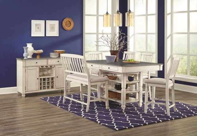 1735 Cottage Pub Table, 4 Drawers and Shelves, with 4 Chairs and High Back Bench (42x60)