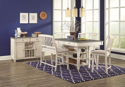 1735 Cottage Pub Table, 4 Drawers and Shelves, with 4 Chairs and High Back Bench (42x60)