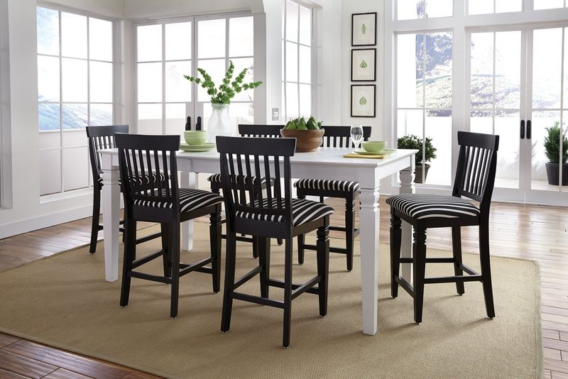 Java Butterfly Leaf Table in Snow White w/ 6 Seattle Stools 24&quot; in Black Onyx Sunbrella Shore Classic