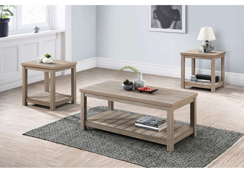 Bairn 3 pc Occasional Table Set w/ Open Shelves in Greige