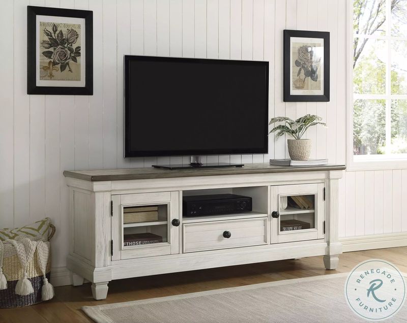 Granby TV Stand in Antique White and Rosy Brown  64 x 18 x 25.5H