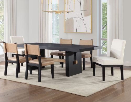 Aubrey 7 Pc Dining Set w/ 18" Leaf &amp; 2 Parson Chairs and 4 Side Chairs in Camel Vegan Leather