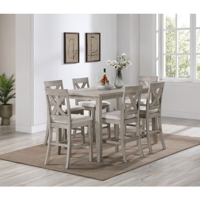 Prescott Collection 7 Pack Counter Height Dining Set in Light Gray Finish (Table and 6 Chairs)