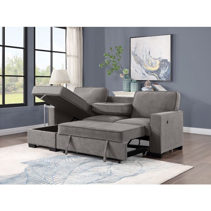 2Pc Sectional in Gray  w/Pull-Out Bed and LAF Storage Chaise and USB (Reversible)
