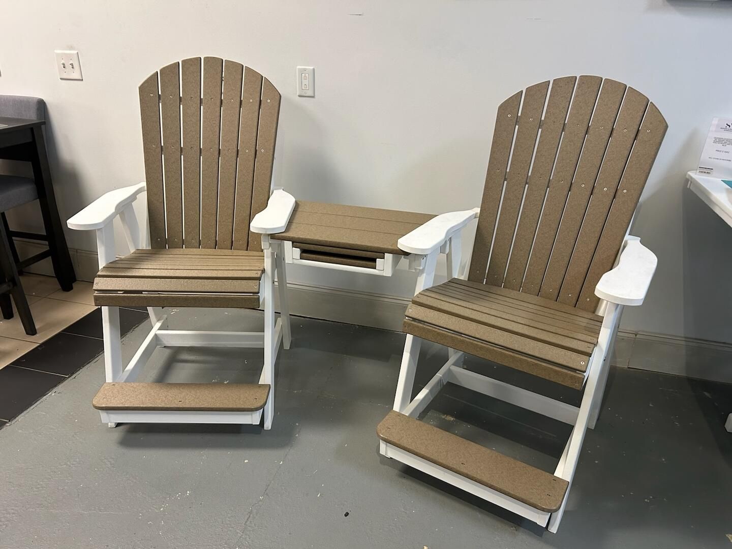 Outdoor Counter Height Tete-A-Tete Set Seashell Back w/Slide Out Cup Holders in White and Weather Wood