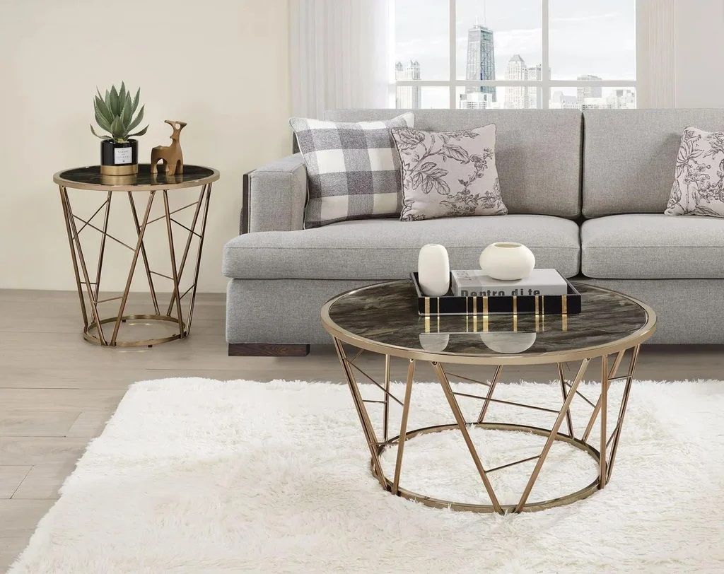 Cicatrix Coffee Table Champagne Gold Finish and Faux Black Marble Glass Top 33&quot;L X 33&quot;W X 18&quot;H