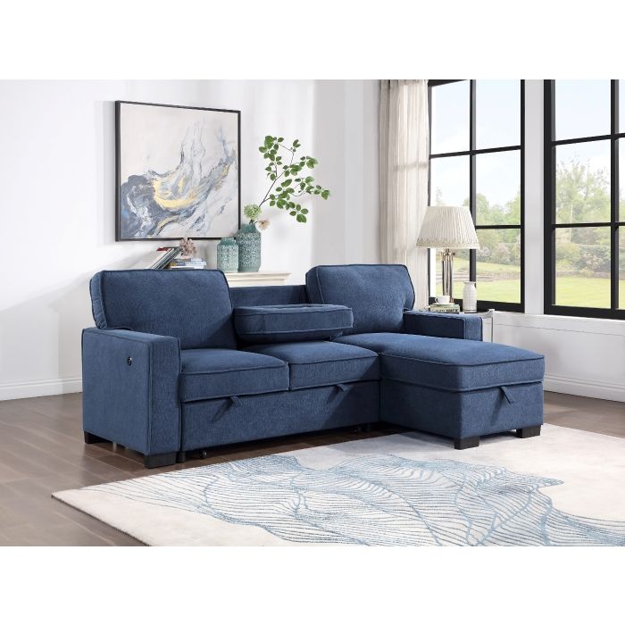 2PC Sectional W/ Pull-Out Bed &amp; LAF Chaise With Storage in Blue