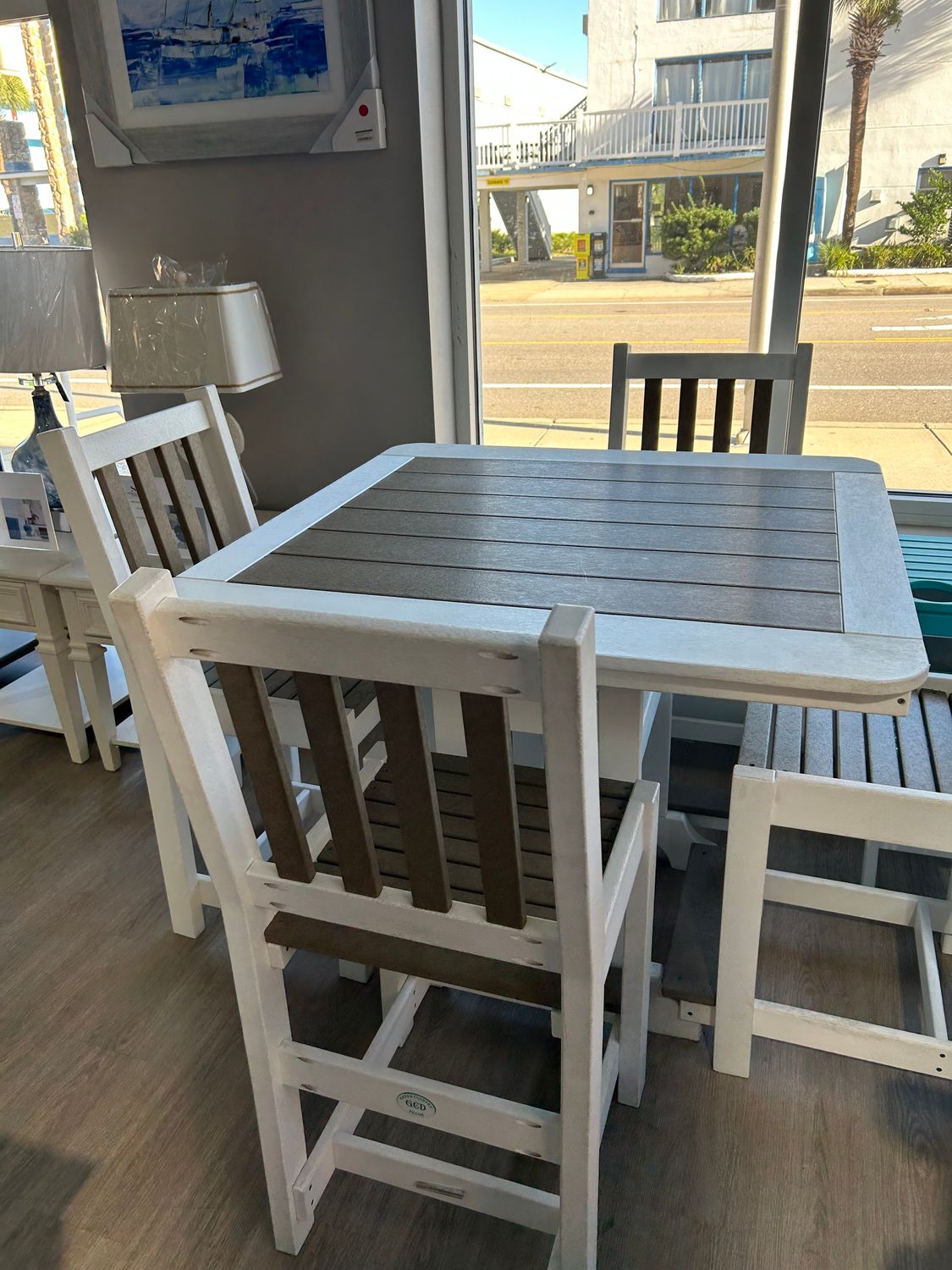 44" Square Outdoor Counter Height Dining Table In White/Weatherwood