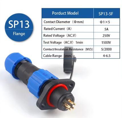 WEATHERPROOF IP67 CONNECTOR SET FLANGED 13MM 5 PIN SP13-5F