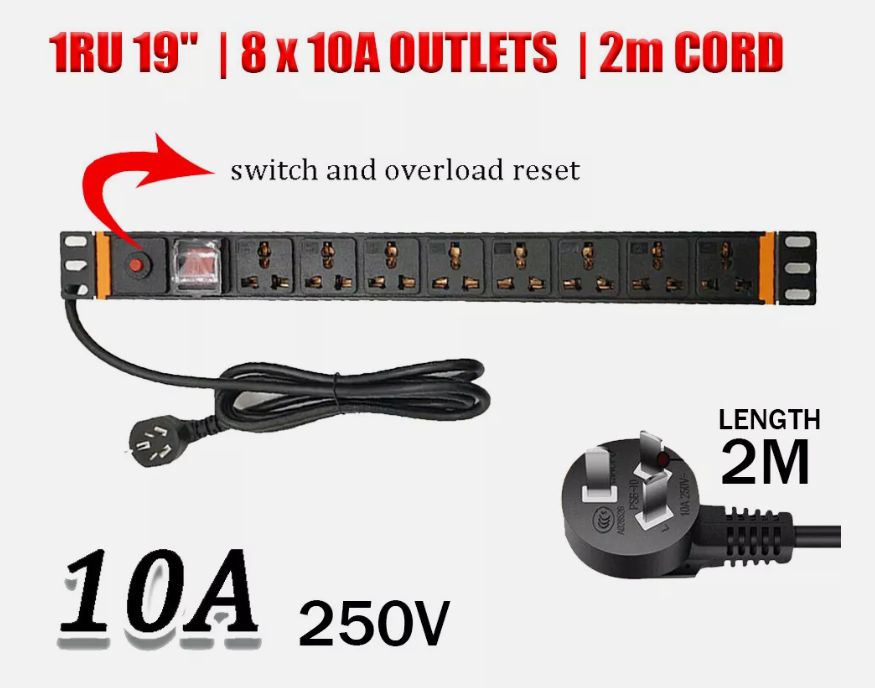 SERVER DATA RACK 8 PORT POWER BOARD OUTLET WITH ON OFF SWITCH 1RU PATCH