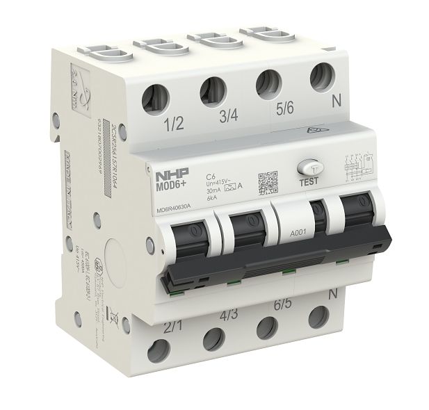 NHP MOD6+ RCBO 6kA 3 Pole and Switched N 20A C Curve 30mA Type A MD6R42030A