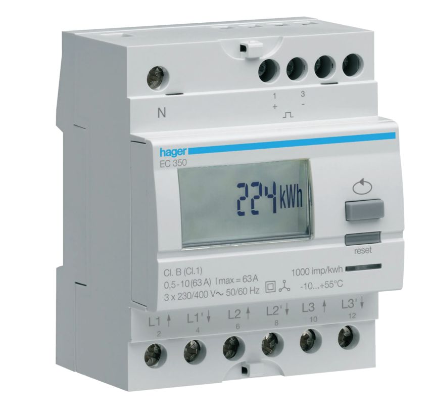 HAGER EC350 DIN RAIL MOUNT 3 PHASE ENERGY METER 63A