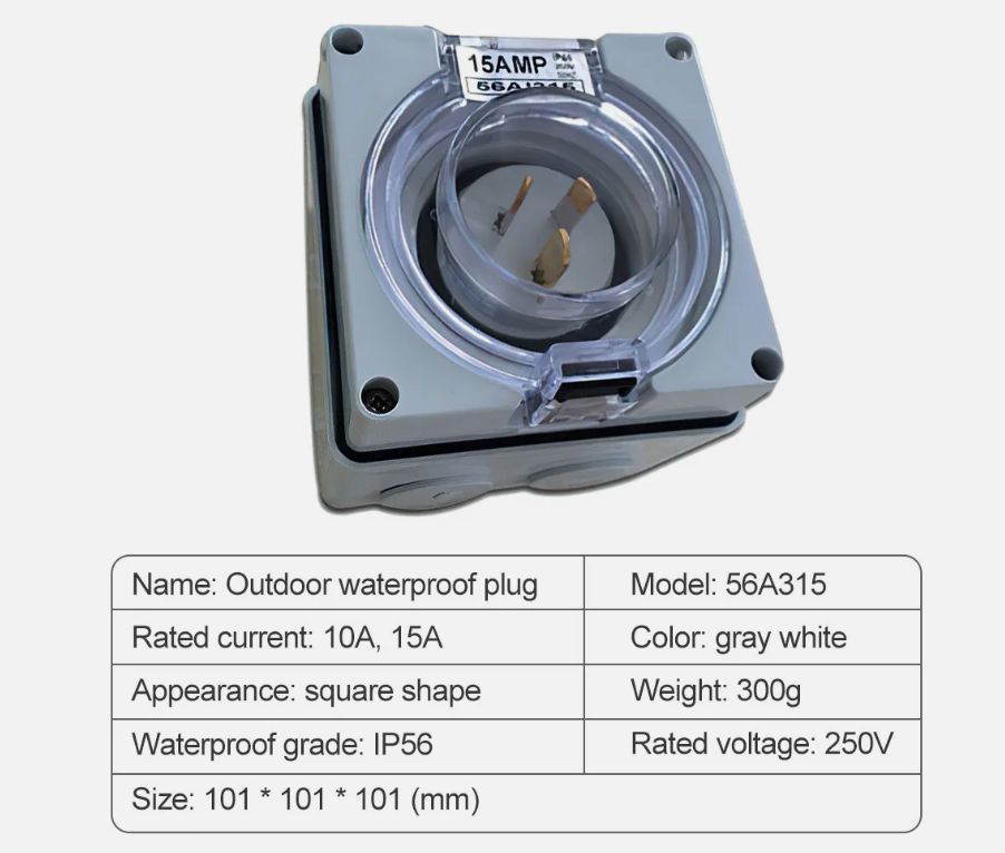3 PIN 15A POWER INLET WEATHERPROOF IP66 FOR CARAVAN MOTOR HOME RV