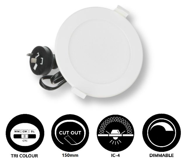 DOWNLIGHT 20W 150MM CUT OUT FLAT WHITE TRICOLOUR DIMMABLE CCT