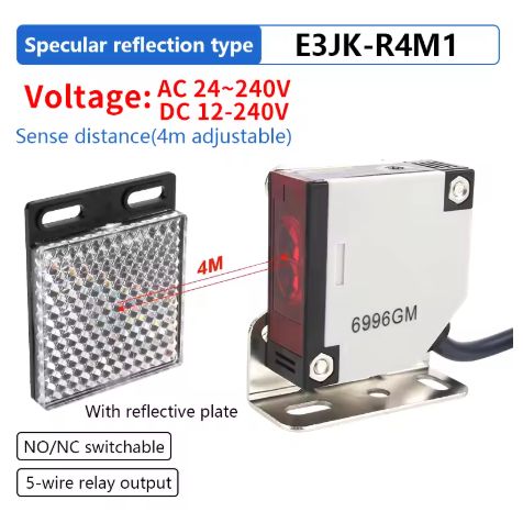 E3JK-R4M1 RETRO-REFLECTIVE NPN PNP PHOTOELECTRIC SENSOR 12-230V AC DC 4M RANGE