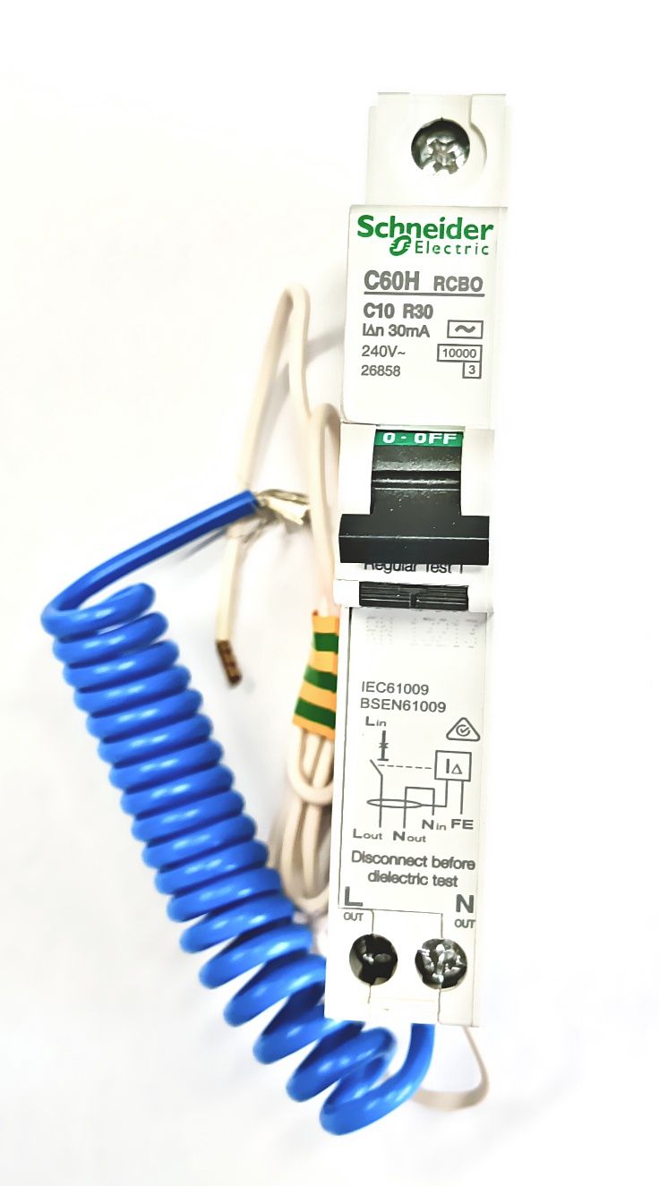 SCHNEIDER 16A CHASSIE MOUNT 10kA RCBO WITH NEUTRAL TAIL C60HC16R30 30mA 26859