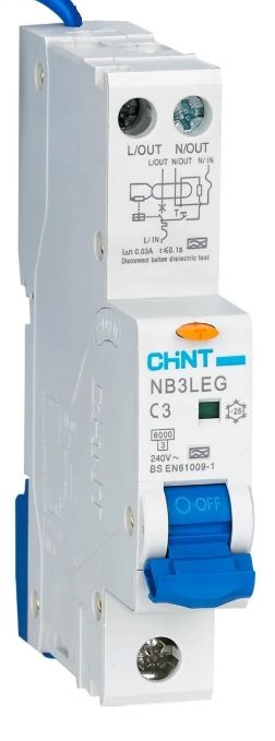 1 POLE 20A RCBO 1P+N 30mA C CURVE 6KA TYPE A WITH TAIL NB3LEG 312408