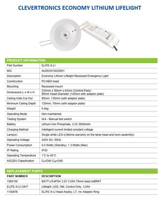 LIFELIGHT RECESSED EMERGENCY LED LIGHT D40 CLASSIFICATION SPITFIRE ELIFE-X-LI