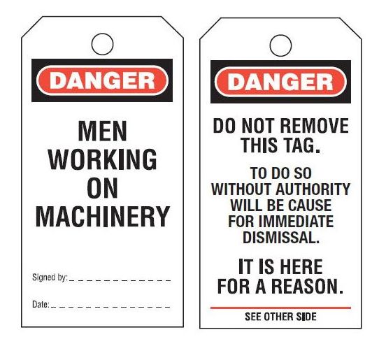 &quot;MEN WORKING ON MACHINERY&quot; TAGS WITH MARKER PEN &amp; CABLE TIES, PK5