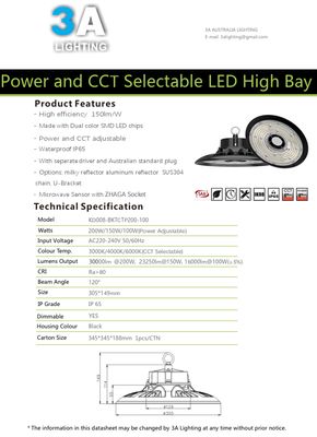 Selectable Wattage 100w/150w/200w UFO High Bay Tri-color CCT Hi-bay Light KD008-BKTCTP200-100