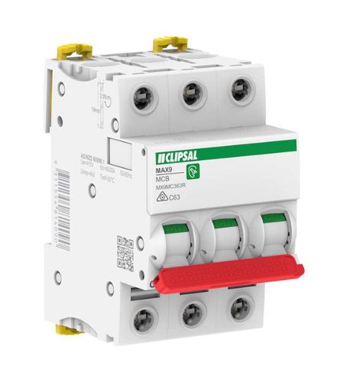 3P MCB 63A  CLIPSAL MAX9 SERIES Red Toggle CLIMX9MC363R