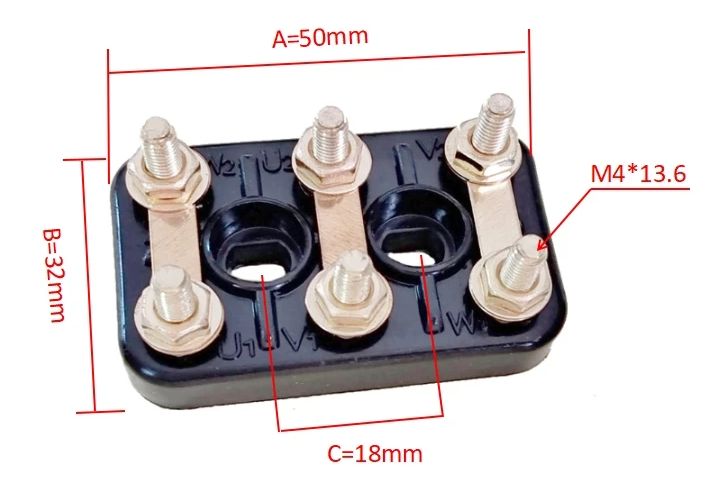 Motor terminal block 6 pin 50mm x 32mm M4 thread brass with connecting plates